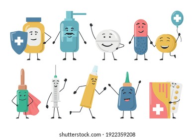 Caracteres de color de caricatura Los iconos de los medicamentos establecen el estilo de diseño plano concepto. Ilustración vectorial de la droga de caracteres y mascota de la píldora