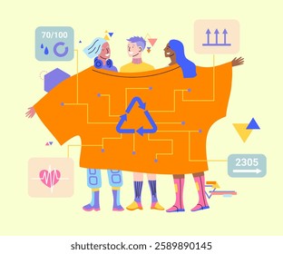 Cartoon Color Characters and Eco Tech Fashion Clothes Concept Flat Design Style. Vector illustration of Prevent Environmental Pollution