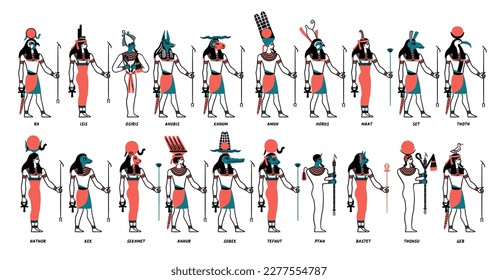 Cartoon Color Characters Egyptian Gods Set Concept Flat Design Style Include of Osiris, Ra and Horus. Vector illustration