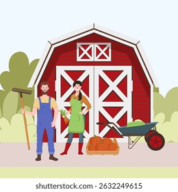 Cartoon Color Characters Farmers Couple in Front of Barn Building Concept Flat Design Style. Vector illustration