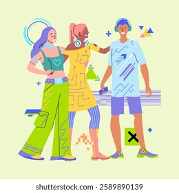 Cartoon Color Characters and Fashion Tech Clothes Concept Concept Flat Design Style. Vector illustration of Virtual Outfit