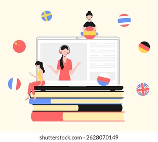 Cartoon Color Characters and Foreign Language Study Online Concept Flat Design Style . Vector illustration of Practical Course