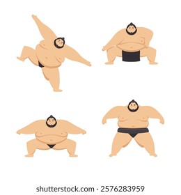 Cartoon Color Characters Funny Sumo Wrestler Set Traditional Sport Concept Flat Design Style. Vector illustration of Japanese Fighter