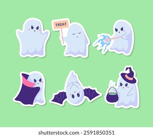 Cartoon Color Characters Ghosts Flying Phantoms with Cauldron Magical Potion Stickers Set Halloween Autumn Holiday Concept Flat Design Style. Vector illustration