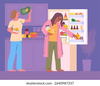 Cartoon Color Characters Girl with Chips at Refrigerator and Night Snack Concept Flat Design Style. Vector illustration of Late Night Snacking