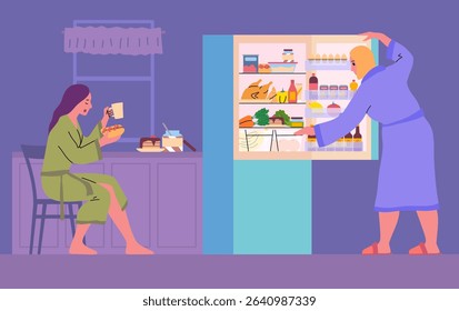 Cartoon Color Characters Girl with Sandwich at Refrigerator and Night Snack Concept Flat Design Style. Vector illustration of Late Night Snacking
