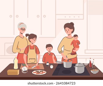 Cartoon Color Characters Grandma and Mother Cooking Together Children Concept. Vector illustration