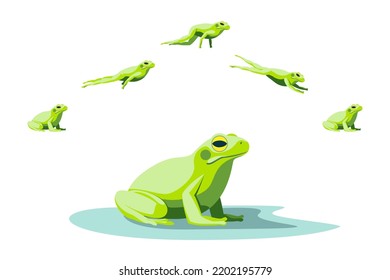 Cartoon Color Characters Green Frog Jumping Animation Series Set Toad Move Concept Flat Design Style. Vector Illustration