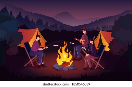 Cartoon Color Characters Group of People with Marshmallow and Night Campfire Concept Flat Design Style. Vector illustration