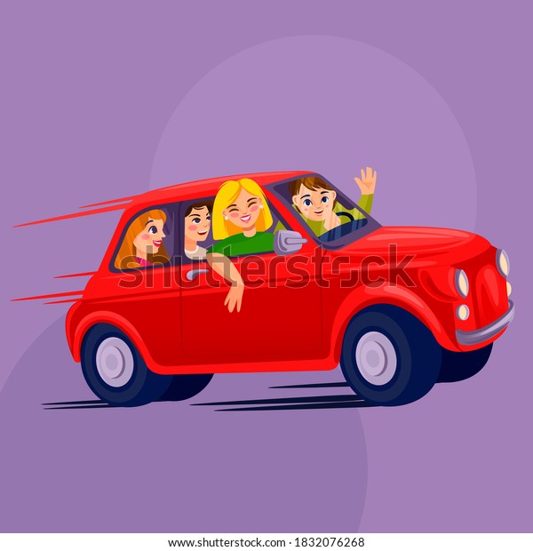 Cartoon Color\
Characters Group of People Shares Car Concept Flat Design Style.\
Vector illustration of\
Carsharing