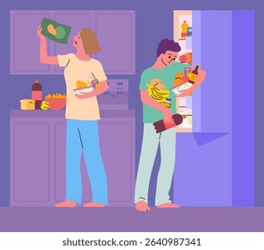 Cartoon Color Characters Guy at Refrigerator and Girl eats Chips Night Snack Concept Flat Design Style. Vector illustration of Late Night Snacking