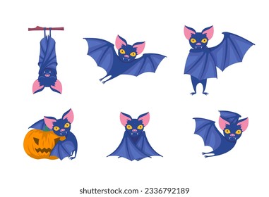 Cartoon Color Characters Halloween Bats Set Concept Flat Design Style Symbol of October Holiday. Vector illustration