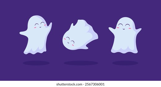 Cartoon Color Characters Happy Ghosts Flying Phantoms Set Halloween Autumn Holiday Concept Flat Design Style. Vector illustration