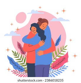 Cartoon Color Characters Hugging Friends Expressing Love and Support Concept Flat Design Style. Vector illustration of Female Friendship