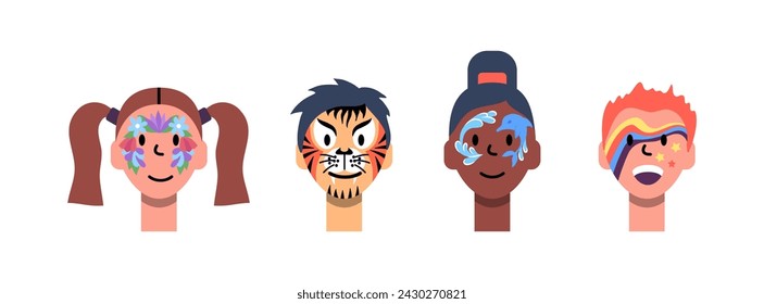 Cartoon Color Characters Kids Face Painting Concept Flat Design Style Include of Floral Decor, Dolphin, Rainbow and Tiger. Vector illustration