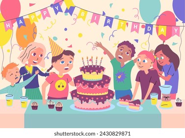 Cartoon Color Characters Kids Party Poster Banner Card Invitation Concept Flat Design Style. Vector illustration of Celebration Event