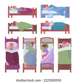 Cartoon Color Characters Kids Sleeping in Beds Set Top and Side View Flat Design Style. Vector illustration