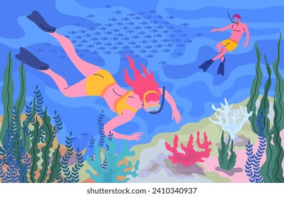 Cartoon Color Characters Man and Woman in Diving Masks Swimming in Sea or Ocean Concept Flat Design Style. Vector illustration