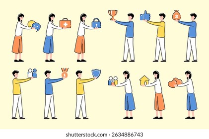 Cartoon Color Characters Man and Woman Needs Set Concept Flat Design Style with Elements Thin Line. Vector illustration