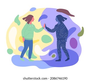 Cartoon Color Characters and Meeting Shadow Personality Psychology and Psychiatry Consciousness Dark Side Concept Flat Design Style. Vector illustration