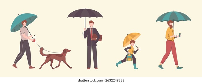 Cartoon Color Characters Men Holding Umbrella Set Rainy Weather Concept Flat Design Style with Lineart Elements. Vector illustration