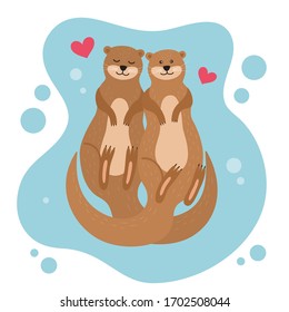 Cartoon Color Characters Otter Couple Set Happy Love Concept Flat Design Style. Vector illustration of Cute Animal