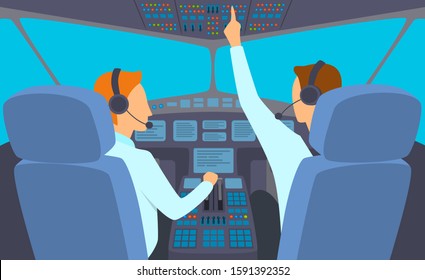 Cartoon Color Characters People and Airplane Cockpit Interior Inside Concept Flat Design. Vector illustration of Pilots in Airplane