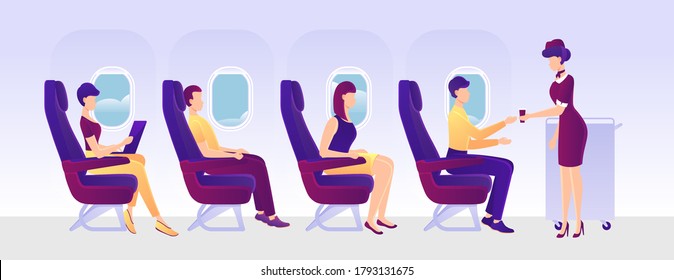 Cartoon Color Characters People Airplane Crew and Passenger Plane Interior Inside Concept Flat Design Style. Vector illustration