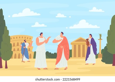 Cartoon Color Characters People and Ancient Roman Concept on a Historical Landscape Scene Flat Design Style. Vector illustration