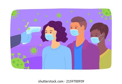 Cartoon Color Characters People And Body Temperature Check Covid Coronavirus Concept Flat Design Style. Vector Illustration