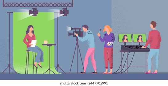 Cartoon Color Characters People and Broadcast Scene Concept Flat Design Style. Vector illustration of Reporter, Cameraman and Assistant in Studio