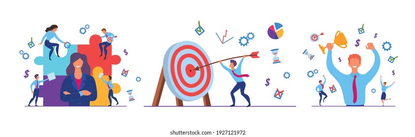 Cartoon Color Characters People And Business Leadership Concept Flat Design Style Include Of Target And Puzzle. Vector Illustration