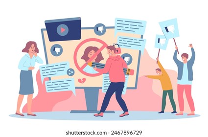 Cartoon Color Characters People and Cancelled Social Media Concept Flat Design Style. Vector illustration of Cancel Culture