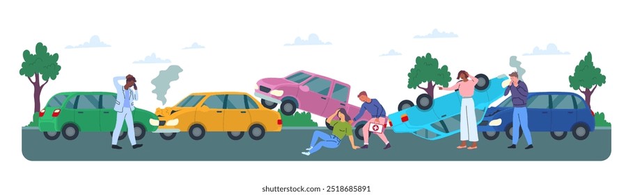 Caracteres de cor de desenhos animados Pessoas e acidente de carro danificou o conceito de transporte estilo de design plano. Ilustração vetorial de Drivers e Broken Auto