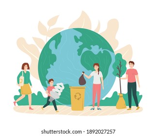 Cartoon Color Characters People and Care About Environment Concept Flat Design Style. Vector illustration of Protect Planet