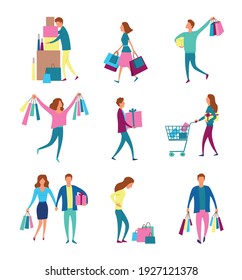 Cartoon Color Characters People Carrying Shopping Bags Sale Discount Special Offer Concept Flat Design Style. Vector illustration