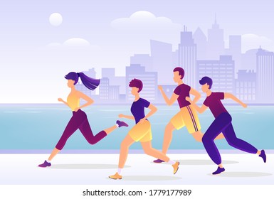 Cartoon Color Characters People and City Marathon Concept Flat Design Style. Vector illustration of Jogging Competition