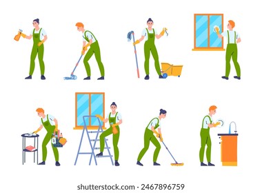 Cartoon Color Characters People Cleaners with Tools Set Concept Flat Design Style. Vector illustration of Professional Service