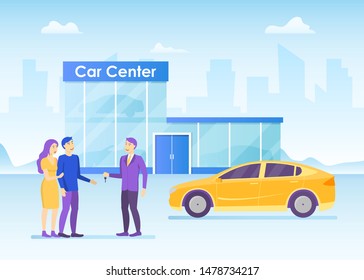 Cartoon Color Characters People Couple Buying Car Concept Flat Design. Vector illustration of Customer, Dealer and Yellow Automobile