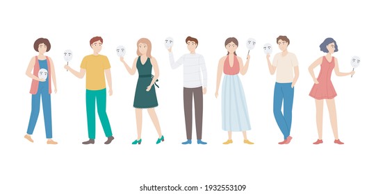 Cartoon Color Characters People Covering Their Faces Masks Set Problem and Negative Concept Flat Design Style. Vector illustration