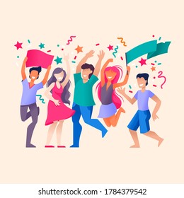 Cartoon Color Characters People Crowd Joyful Party Celebration Concept Flat Design Style. Vector illustration of Cheerful Woman and Man