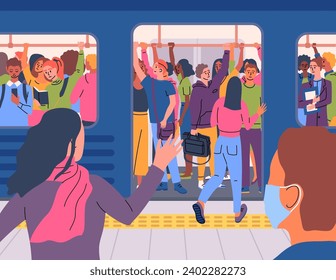 Cartoon Color Characters People and Crowded Subway Train Concept Flat Design Style. Vector illustration of Public Transport