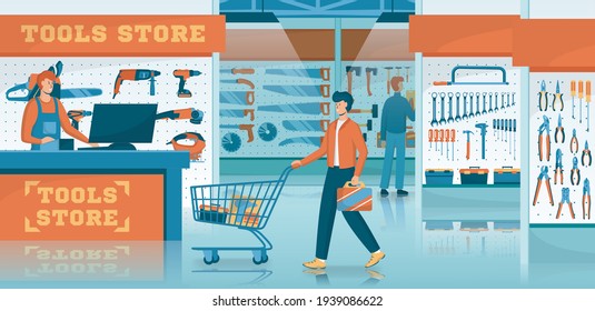 Cartoon Color Characters People Customers and Tools Store Concept Flat Design Style. Vector illustration of Purchase Hardware