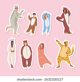 Cartoon Color Characters People in Cute Pajamas Concept Stickers Set Flat Design Style Symbol of Relax and Sleep. Vector illustration