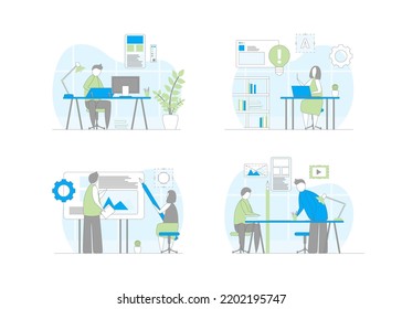 Cartoon Color Characters People and Design Studio Concept. Vector illustration of Office Workplaces for Designer Team