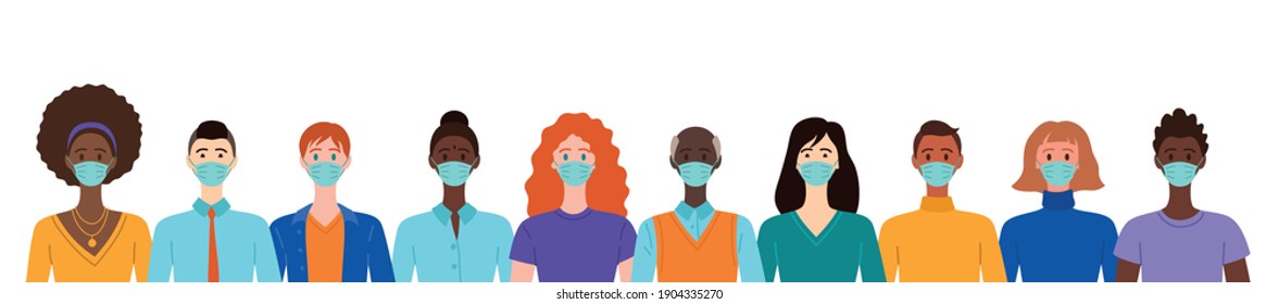 Cartoon Color Characters People Different Types and Medical Masks Protection Health Concept Flat Design Style. Vector illustration