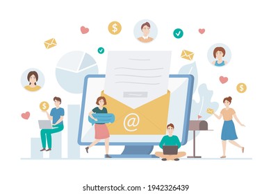 Cartoon Color Characters People and Digital Marketing Concept Flat Design Style Include of Computer and Email. Vector illustration