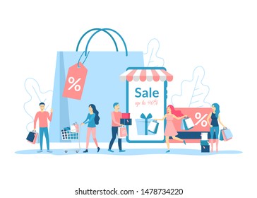 Cartoon Color Characters People Discount Concept Flat Design Include of Paper Bag, Mobile Phone and Cart. Vector illustration