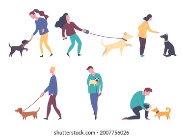 Cartoon Color Characters People with Dog on a Playground Concept Flat Design Style. Vector illustration of Training Puppy