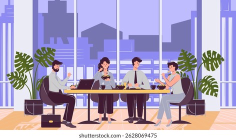Cartoon Color Characters People Eating in Office Night Time Concept Flat Design Style Together Meal. Vector illustration